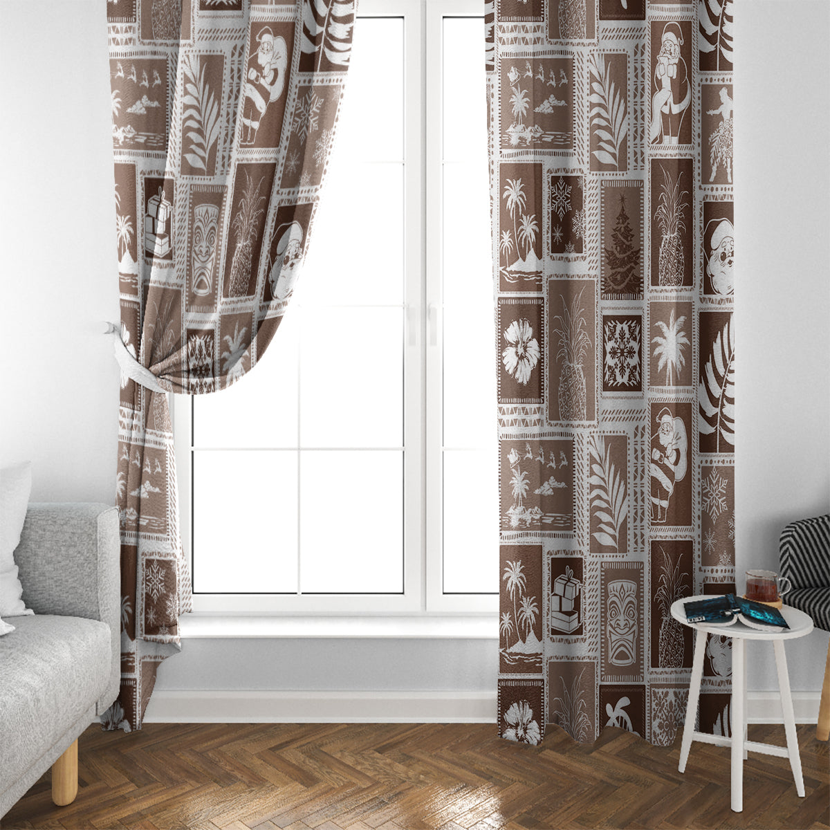 Hawaii Christmas Retro Patchwork Window Curtain Brown - Wonder Print Shop