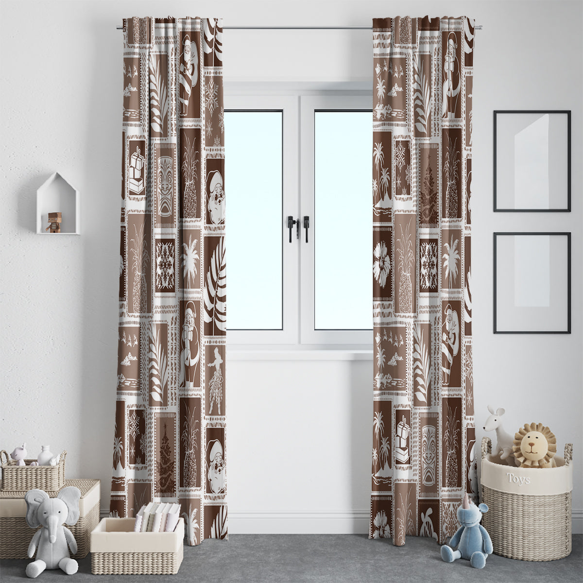 Hawaii Christmas Retro Patchwork Window Curtain Brown - Wonder Print Shop