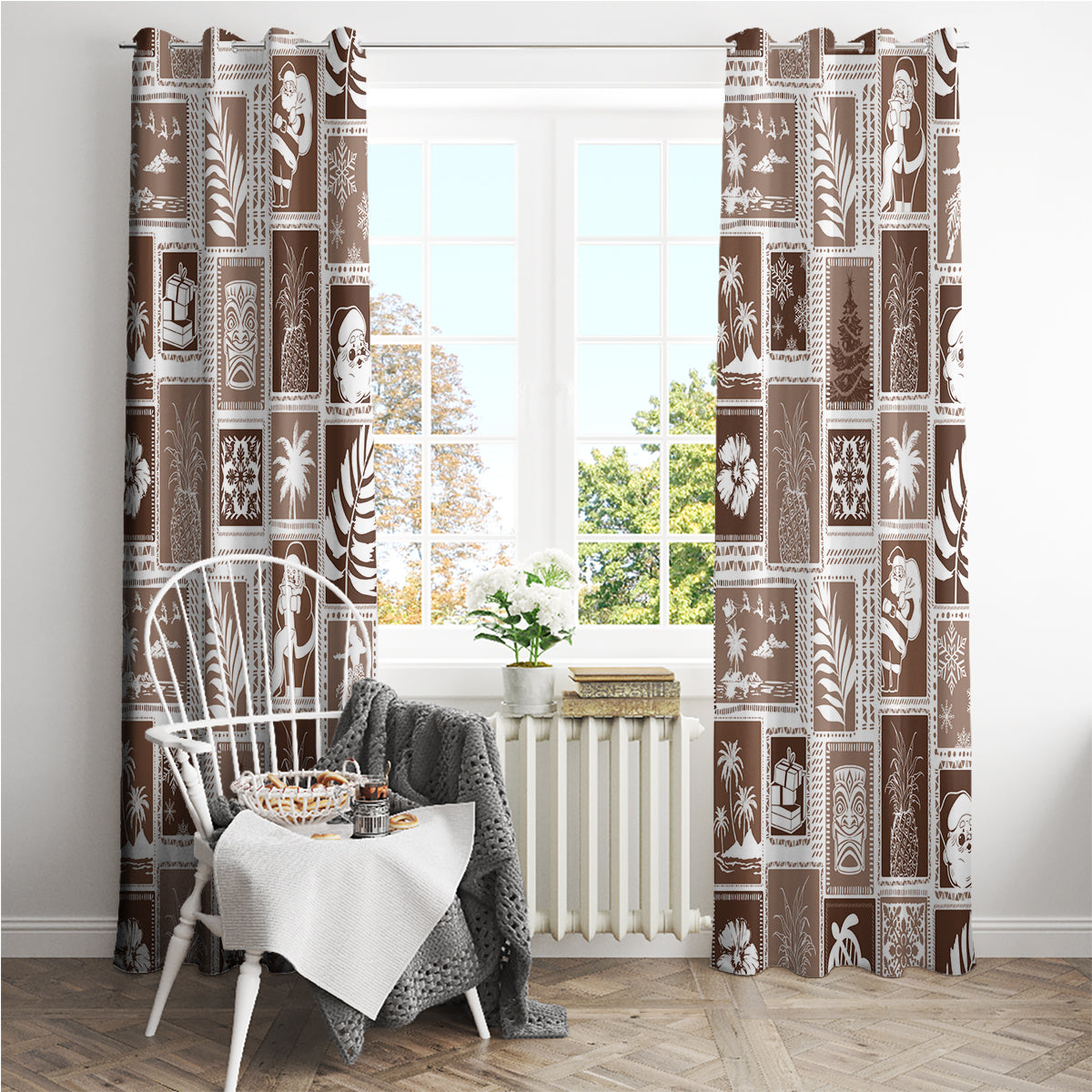 Hawaii Christmas Retro Patchwork Window Curtain Brown - Wonder Print Shop
