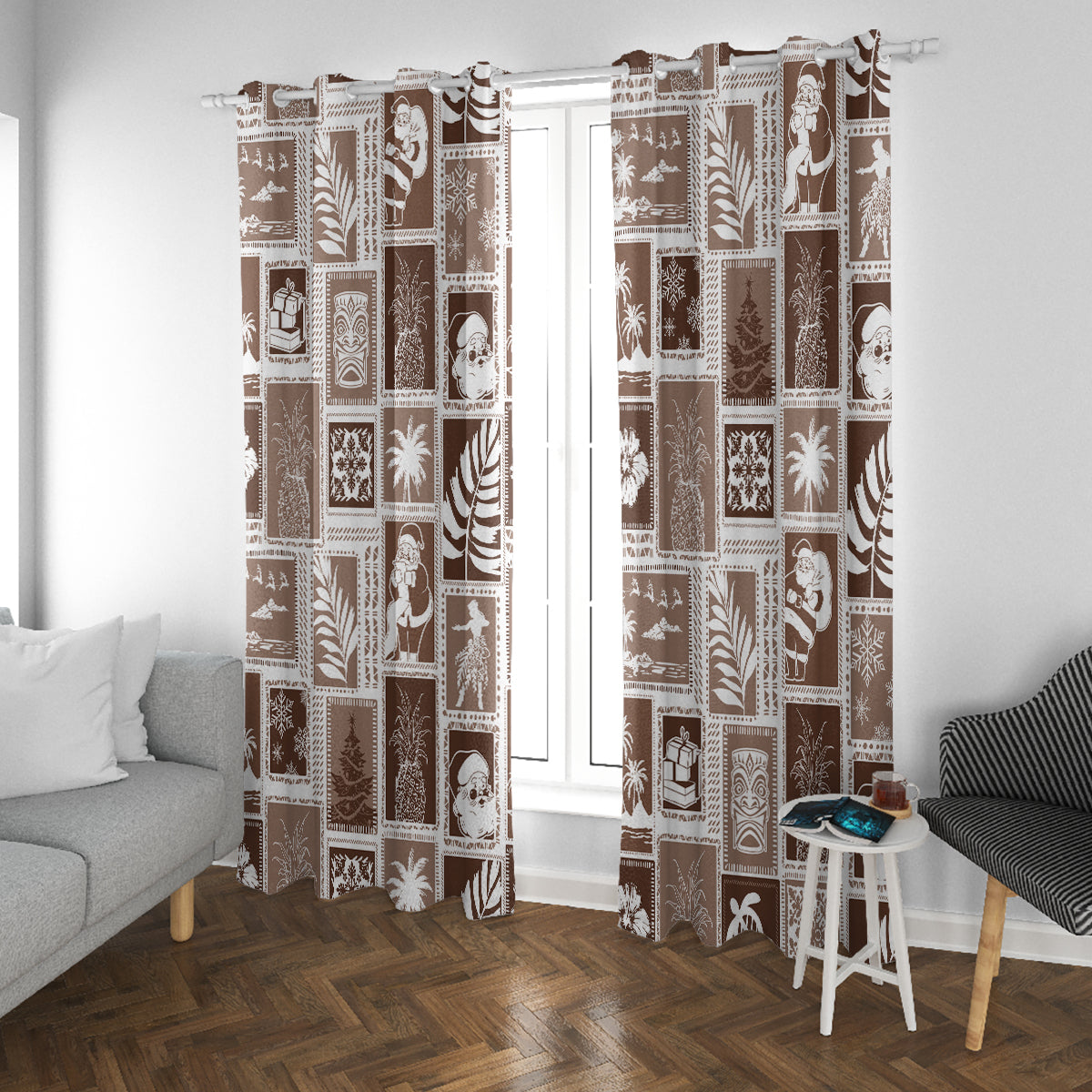 Hawaii Christmas Retro Patchwork Window Curtain Brown - Wonder Print Shop
