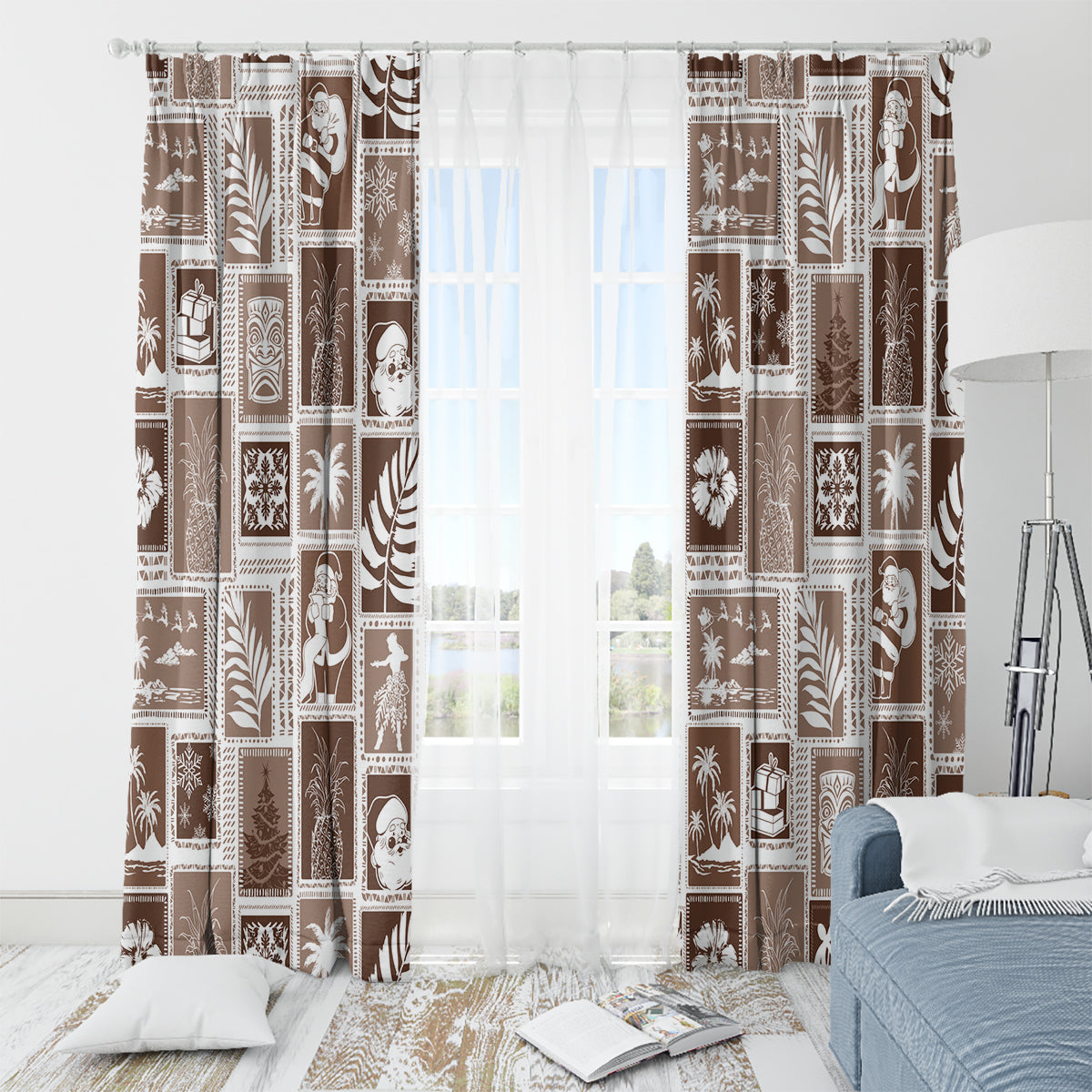 Hawaii Christmas Retro Patchwork Window Curtain Brown - Wonder Print Shop