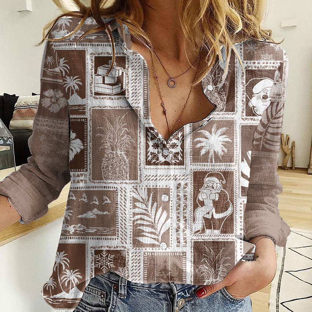 Hawaii Christmas Retro Patchwork Women Casual Shirt Brown - Wonder Print Shop