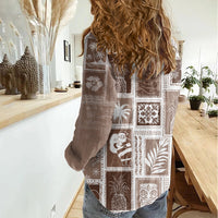 Hawaii Christmas Retro Patchwork Women Casual Shirt Brown - Wonder Print Shop