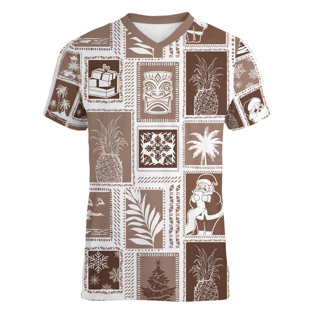 Hawaii Christmas Retro Patchwork Women V Neck T Shirt Brown - Wonder Print Shop