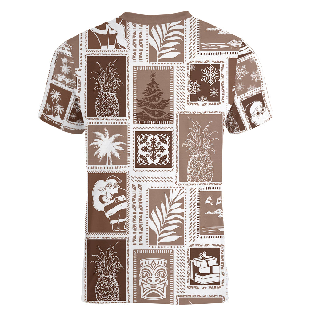 Hawaii Christmas Retro Patchwork Women V Neck T Shirt Brown - Wonder Print Shop