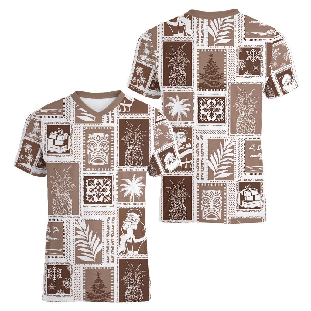 Hawaii Christmas Retro Patchwork Women V Neck T Shirt Brown - Wonder Print Shop