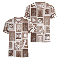 Hawaii Christmas Retro Patchwork Women V Neck T Shirt Brown - Wonder Print Shop
