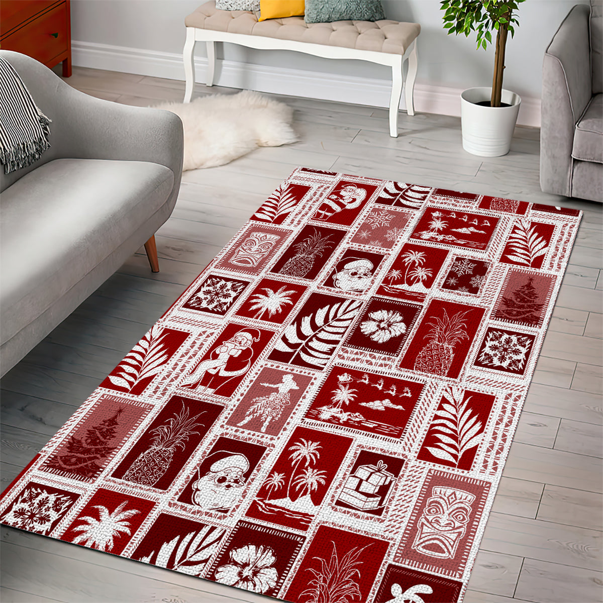 Hawaii Christmas Retro Patchwork Area Rug Red LT7 - Wonder Print Shop