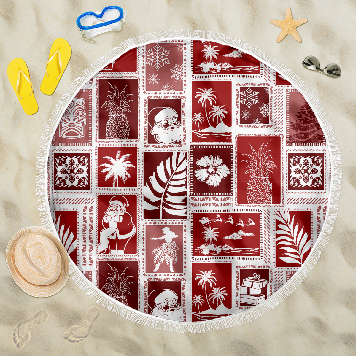 Hawaii Christmas Retro Patchwork Beach Blanket Red LT7 - Wonder Print Shop