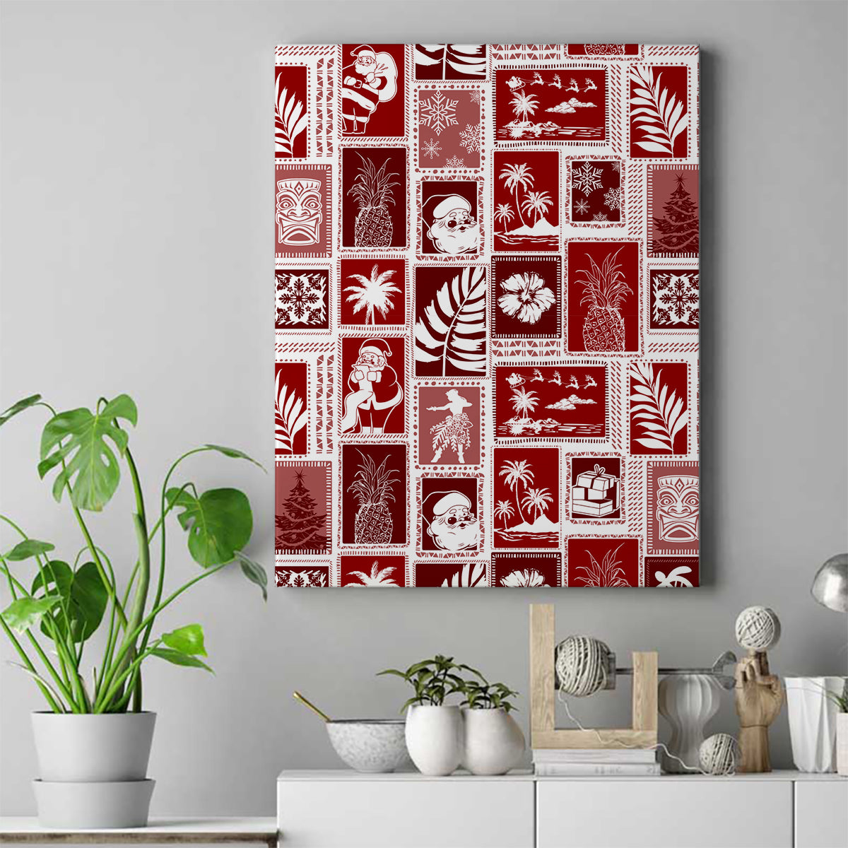 Hawaii Christmas Retro Patchwork Canvas Wall Art Red LT7 - Wonder Print Shop