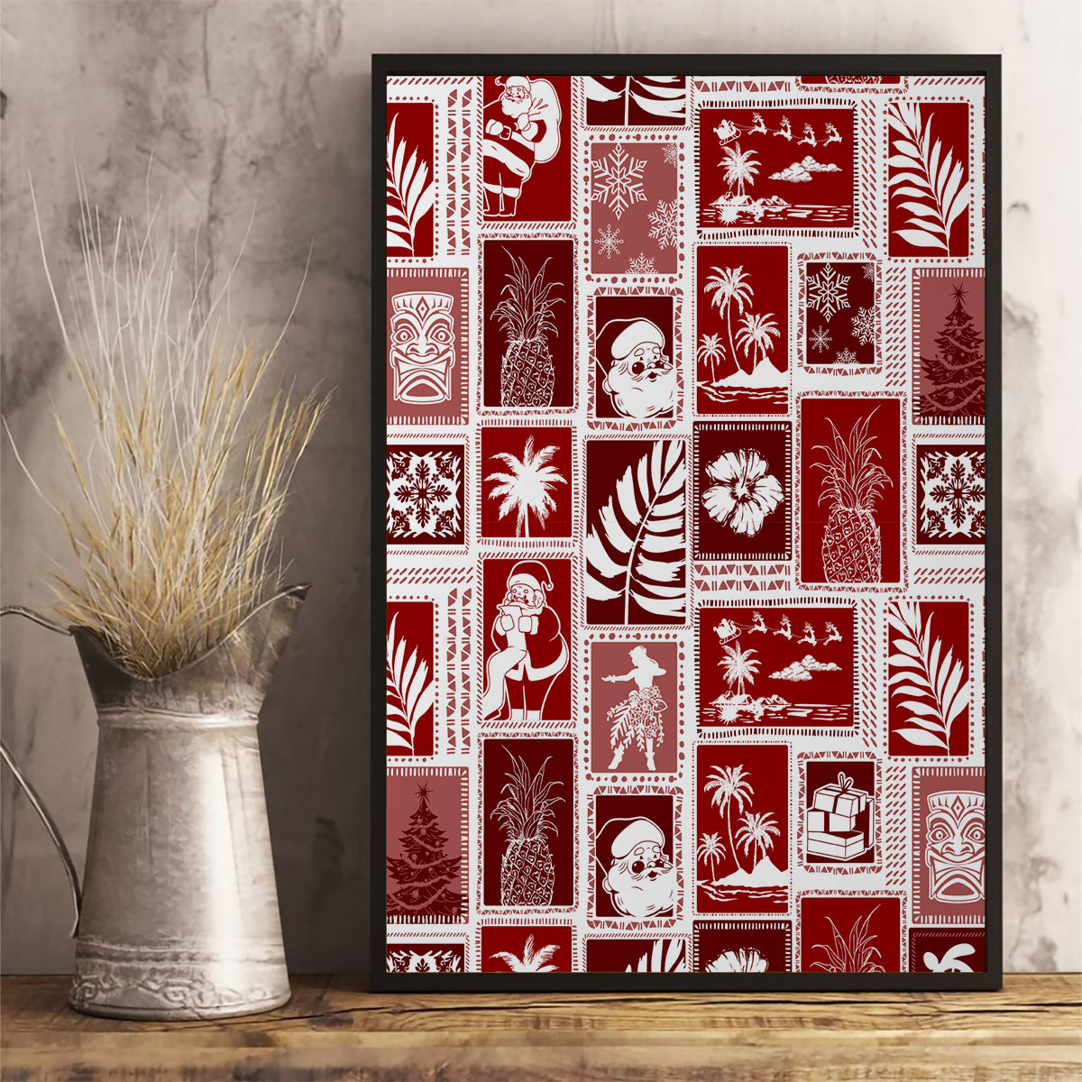 Hawaii Christmas Retro Patchwork Canvas Wall Art Red LT7 - Wonder Print Shop