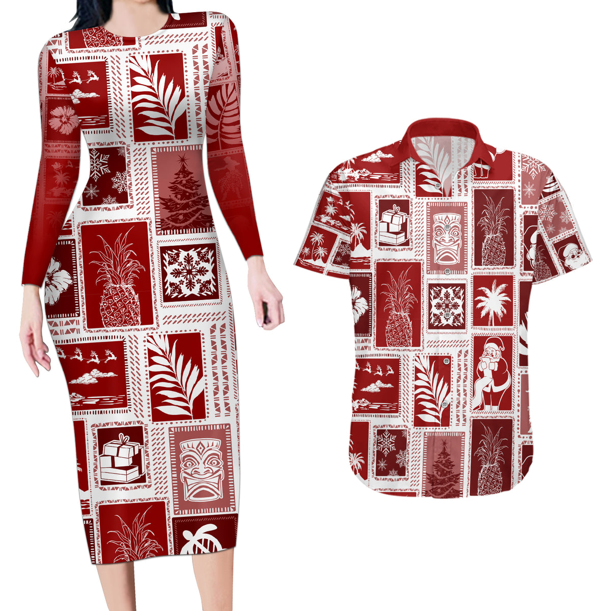 Hawaii Christmas Retro Patchwork Couples Matching Long Sleeve Bodycon Dress and Hawaiian Shirt Red LT7 - Wonder Print Shop