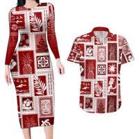 Hawaii Christmas Retro Patchwork Couples Matching Long Sleeve Bodycon Dress and Hawaiian Shirt Red LT7 - Wonder Print Shop