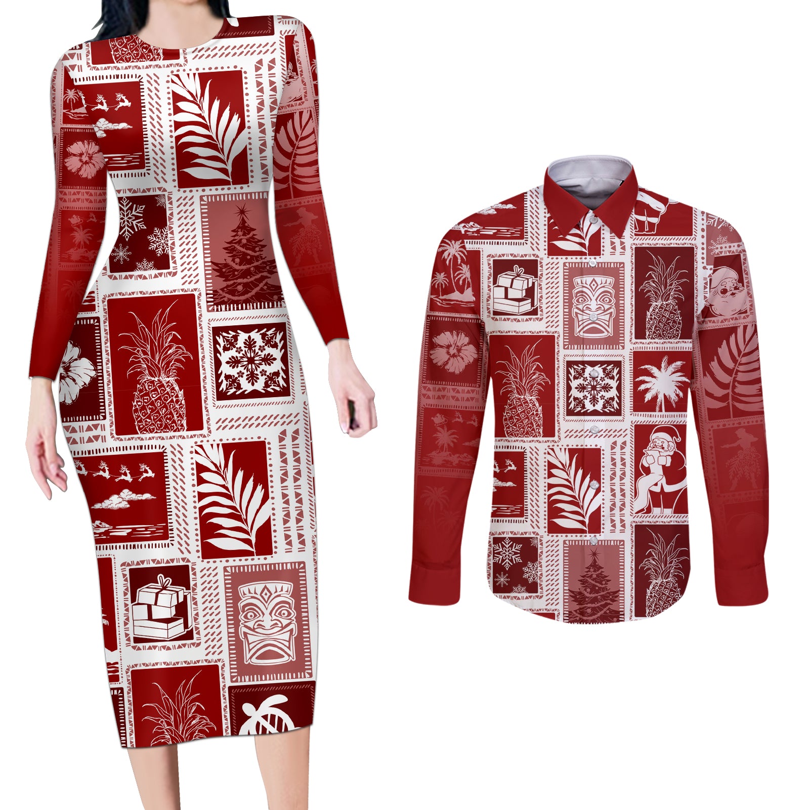 Hawaii Christmas Retro Patchwork Couples Matching Long Sleeve Bodycon Dress and Long Sleeve Button Shirt Red LT7 - Wonder Print Shop