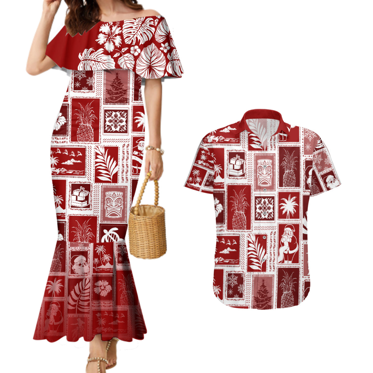 Hawaii Christmas Retro Patchwork Couples Matching Mermaid Dress and Hawaiian Shirt Red LT7 - Wonder Print Shop