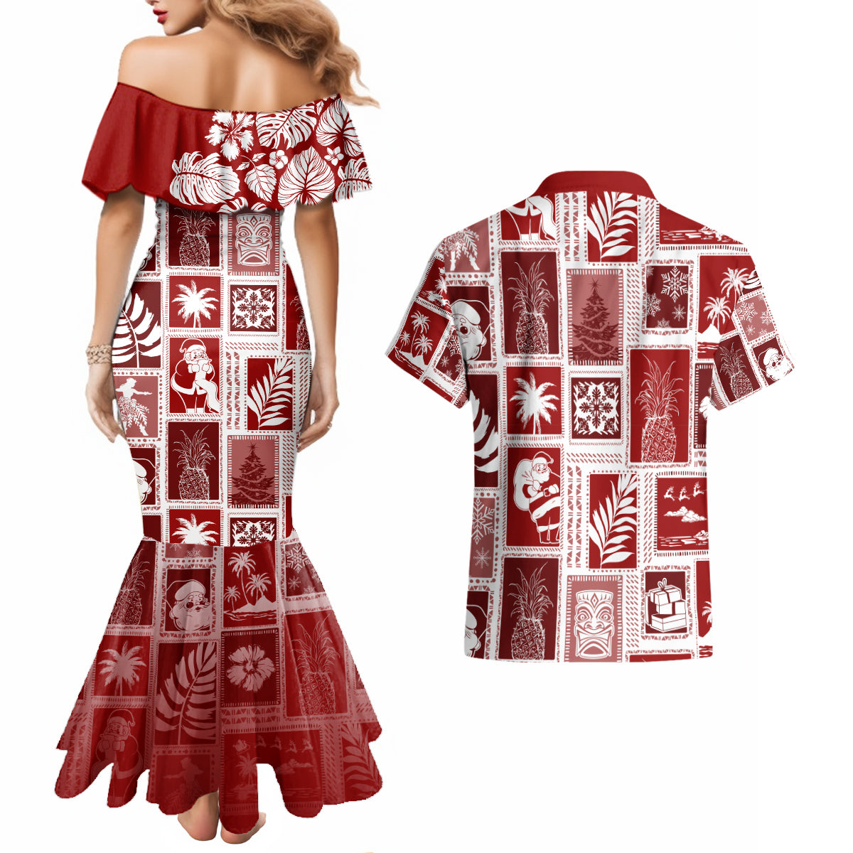 Hawaii Christmas Retro Patchwork Couples Matching Mermaid Dress and Hawaiian Shirt Red LT7 - Wonder Print Shop