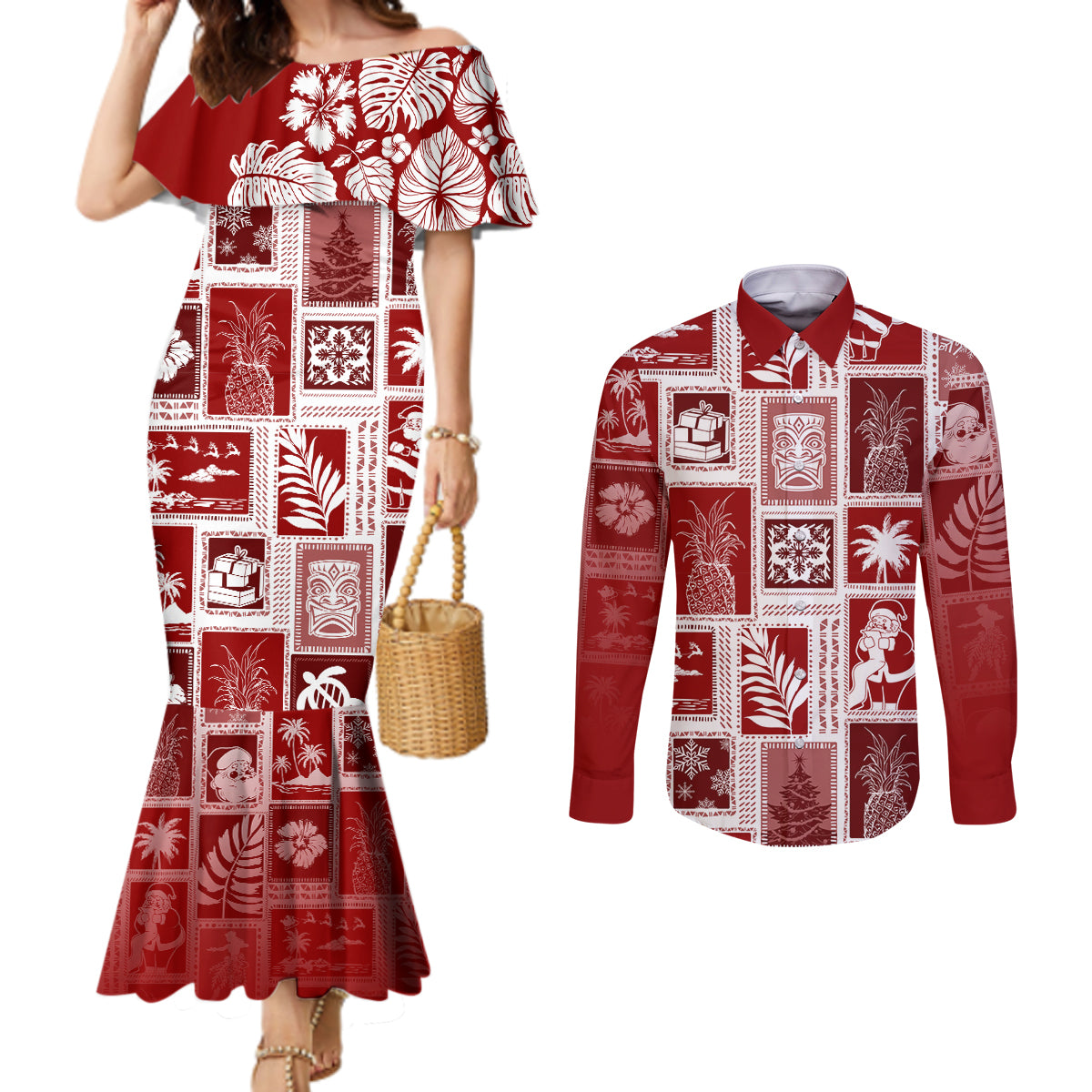 hawaii-christmas-retro-patchwork-couples-matching-mermaid-dress-and-long-sleeve-button-shirt-red