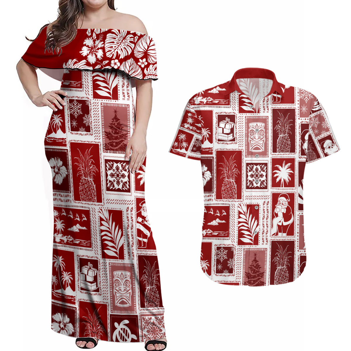 Hawaii Christmas Retro Patchwork Couples Matching Off Shoulder Maxi Dress and Hawaiian Shirt Red LT7 - Wonder Print Shop