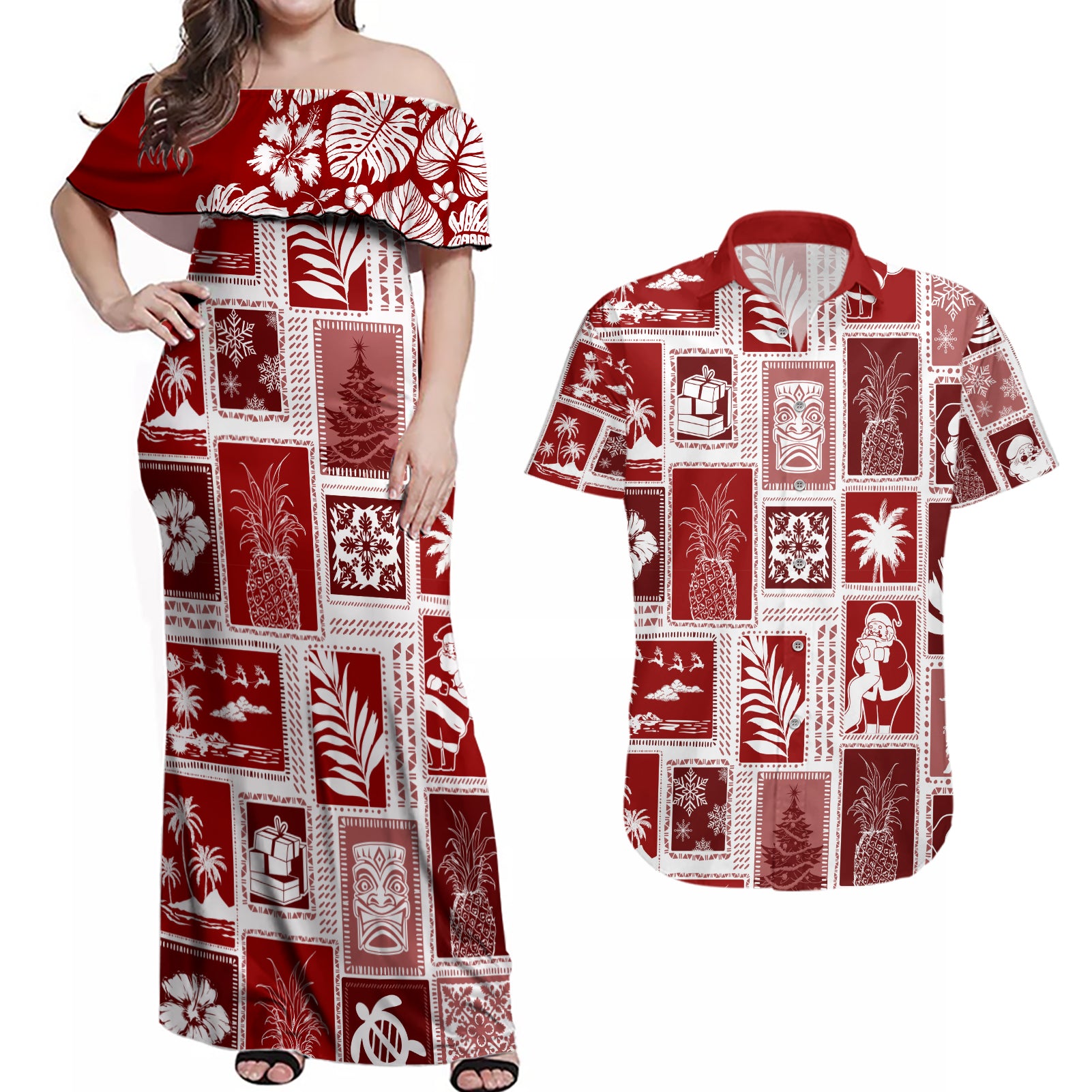 Hawaii Christmas Retro Patchwork Couples Matching Off Shoulder Maxi Dress and Hawaiian Shirt Red LT7 - Wonder Print Shop