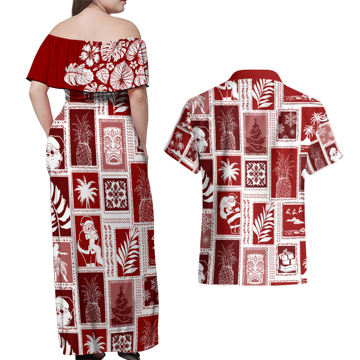 Hawaii Christmas Retro Patchwork Couples Matching Off Shoulder Maxi Dress and Hawaiian Shirt Red LT7 - Wonder Print Shop