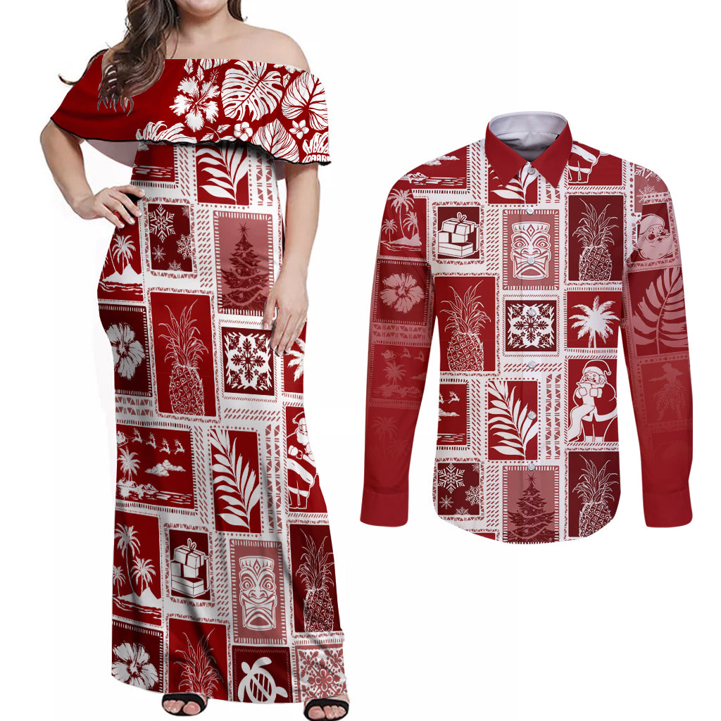 Hawaii Christmas Retro Patchwork Couples Matching Off Shoulder Maxi Dress and Long Sleeve Button Shirt Red LT7 - Wonder Print Shop