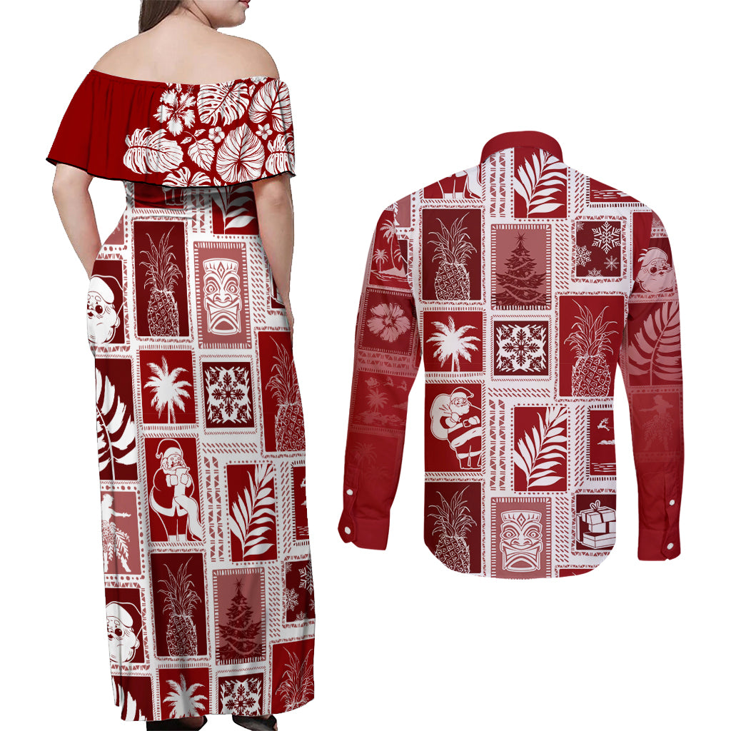 Hawaii Christmas Retro Patchwork Couples Matching Off Shoulder Maxi Dress and Long Sleeve Button Shirt Red LT7 - Wonder Print Shop