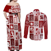 Hawaii Christmas Retro Patchwork Couples Matching Off Shoulder Maxi Dress and Long Sleeve Button Shirt Red LT7 - Wonder Print Shop