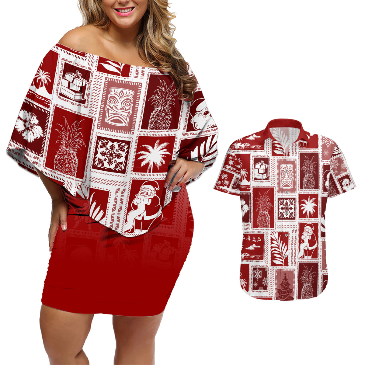 Hawaii Christmas Retro Patchwork Couples Matching Off Shoulder Short Dress and Hawaiian Shirt Red LT7 - Wonder Print Shop