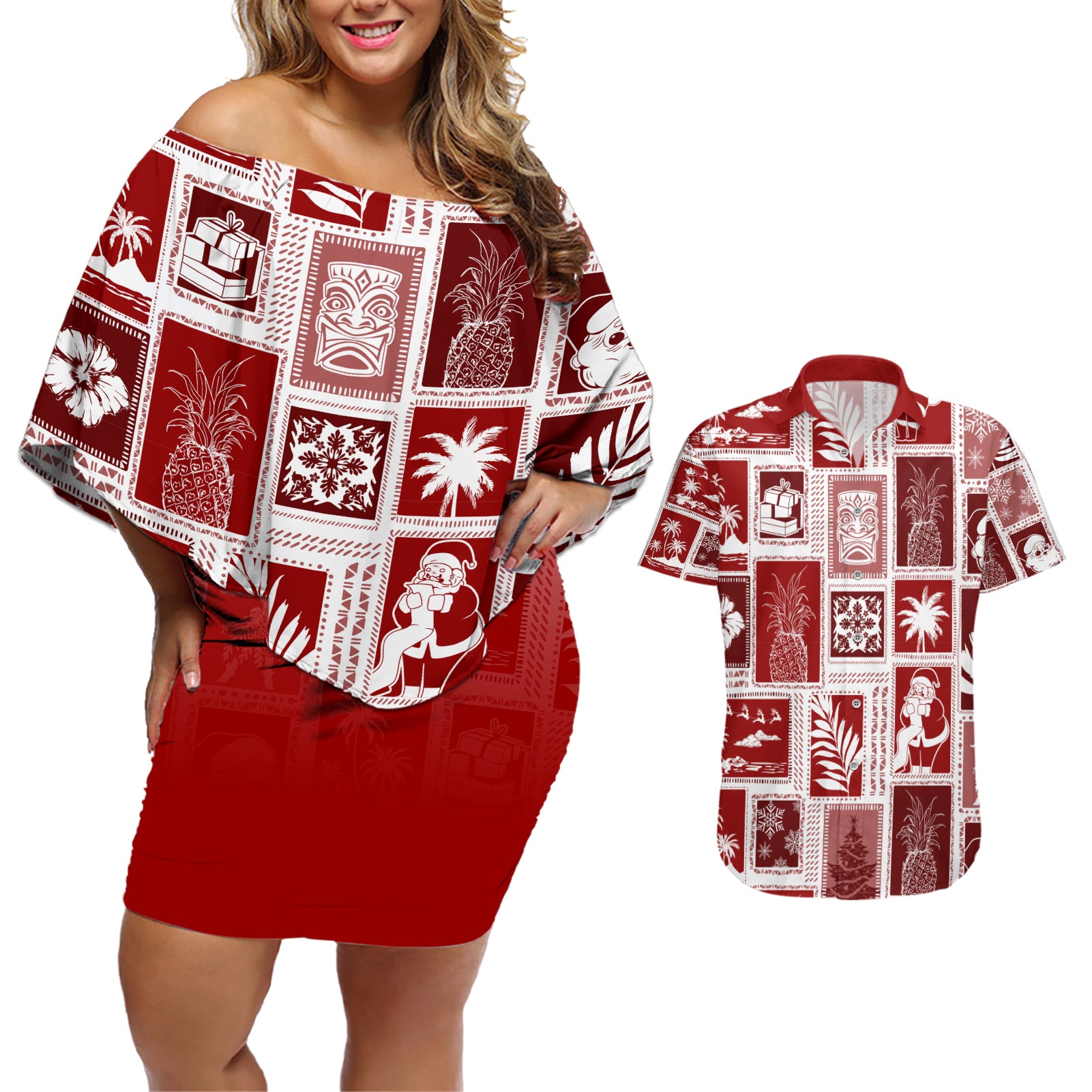 Hawaii Christmas Retro Patchwork Couples Matching Off Shoulder Short Dress and Hawaiian Shirt Red LT7 - Wonder Print Shop