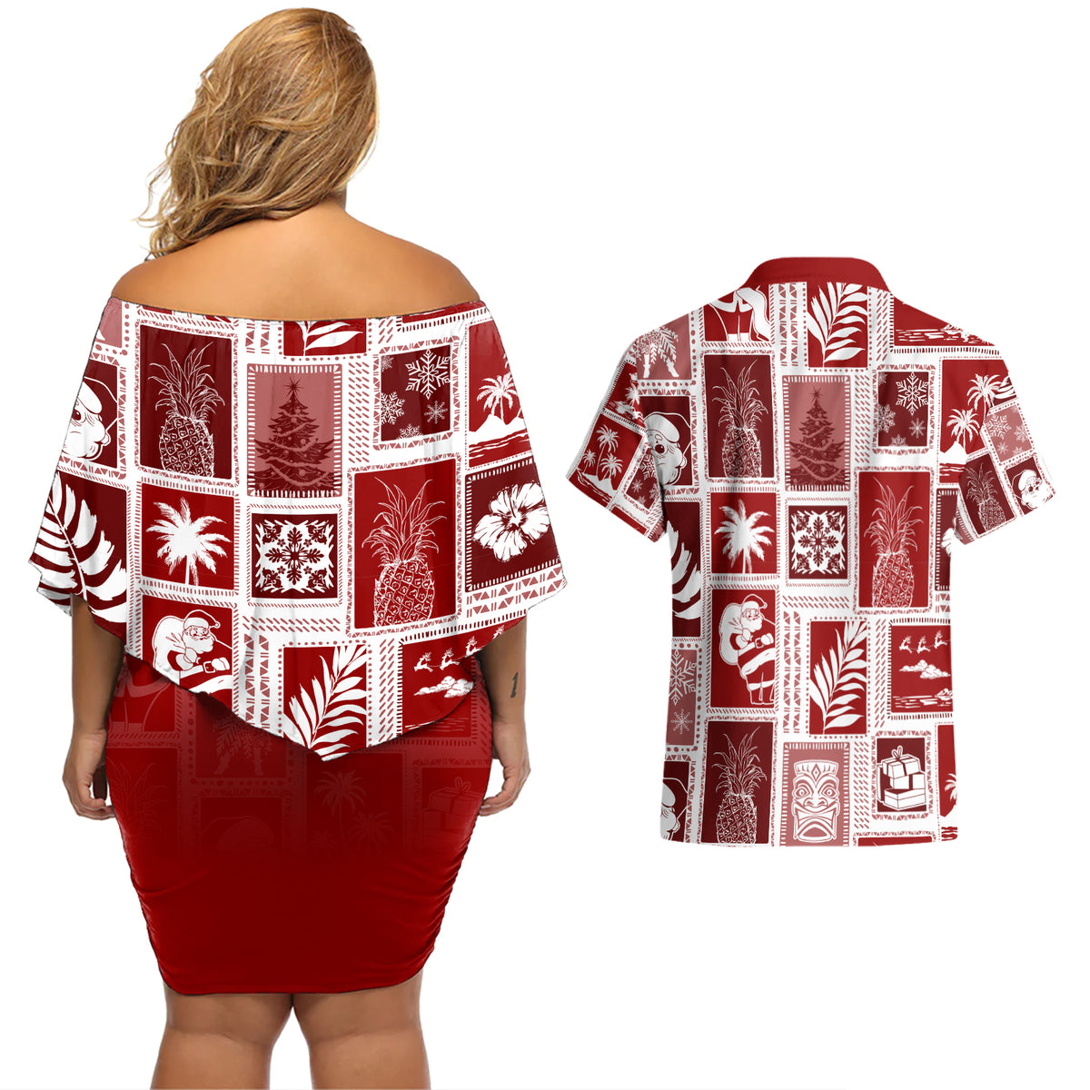 Hawaii Christmas Retro Patchwork Couples Matching Off Shoulder Short Dress and Hawaiian Shirt Red LT7 - Wonder Print Shop