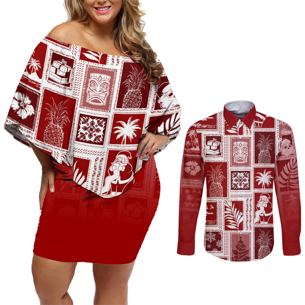 Hawaii Christmas Retro Patchwork Couples Matching Off Shoulder Short Dress and Long Sleeve Button Shirt Red LT7 - Wonder Print Shop