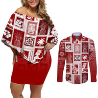 Hawaii Christmas Retro Patchwork Couples Matching Off Shoulder Short Dress and Long Sleeve Button Shirt Red LT7 - Wonder Print Shop