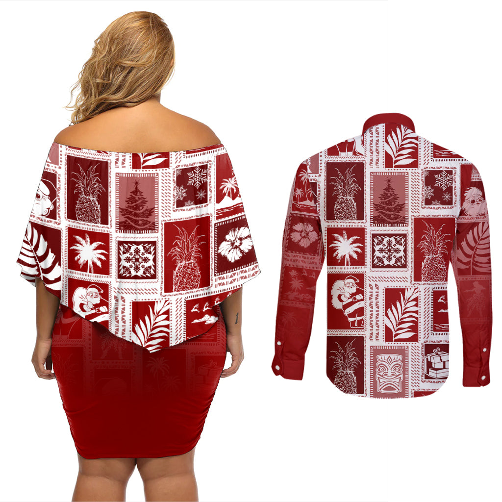 Hawaii Christmas Retro Patchwork Couples Matching Off Shoulder Short Dress and Long Sleeve Button Shirt Red LT7 - Wonder Print Shop