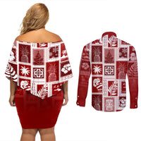 Hawaii Christmas Retro Patchwork Couples Matching Off Shoulder Short Dress and Long Sleeve Button Shirt Red LT7 - Wonder Print Shop