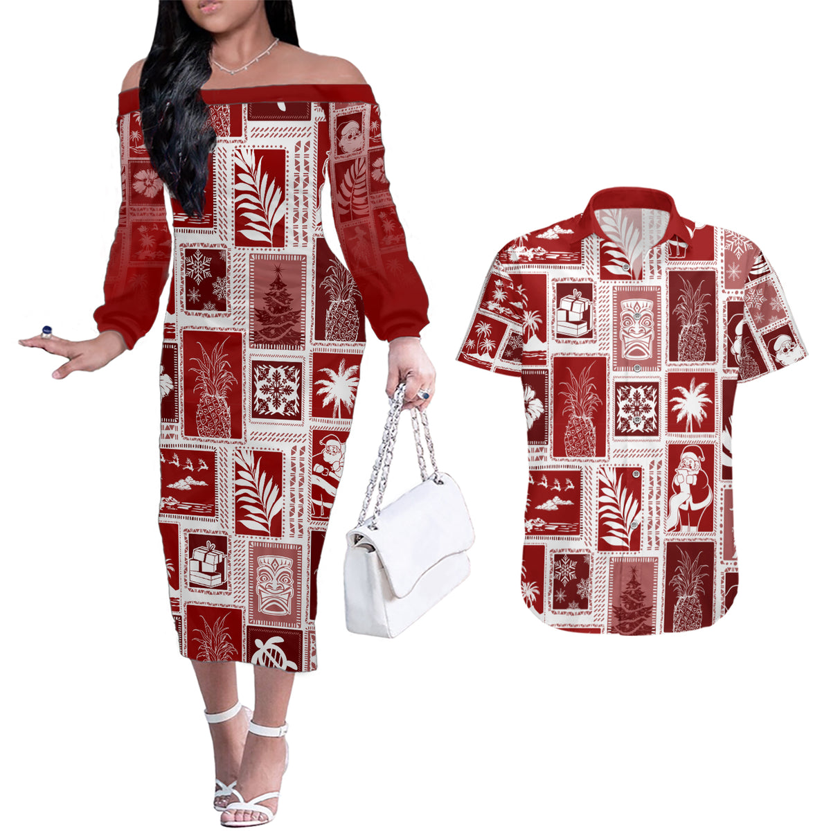 Hawaii Christmas Retro Patchwork Couples Matching Off The Shoulder Long Sleeve Dress and Hawaiian Shirt Red LT7 - Wonder Print Shop