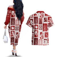 Hawaii Christmas Retro Patchwork Couples Matching Off The Shoulder Long Sleeve Dress and Hawaiian Shirt Red LT7 - Wonder Print Shop
