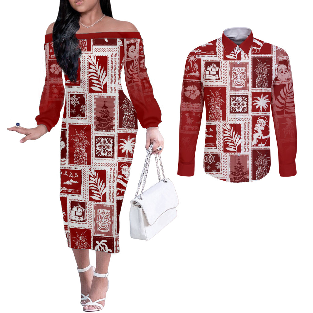 hawaii-christmas-retro-patchwork-couples-matching-off-the-shoulder-long-sleeve-dress-and-long-sleeve-button-shirt-red
