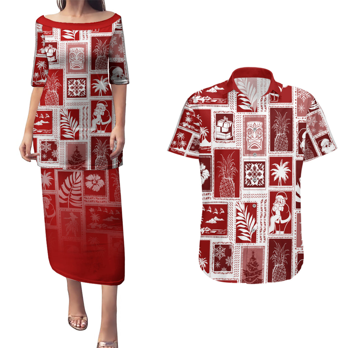 Hawaii Christmas Retro Patchwork Couples Matching Puletasi Dress and Hawaiian Shirt Red LT7 - Wonder Print Shop