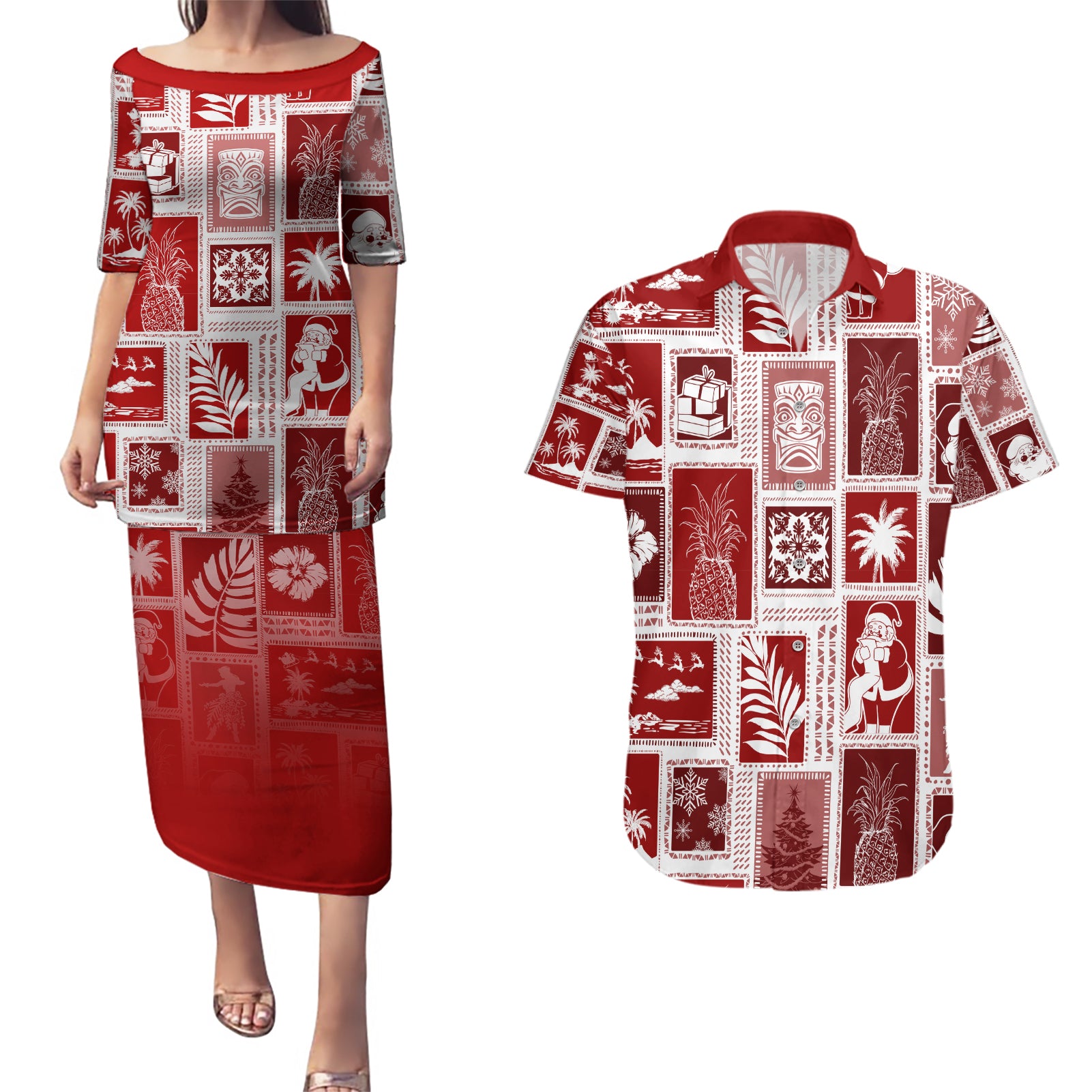 Hawaii Christmas Retro Patchwork Couples Matching Puletasi Dress and Hawaiian Shirt Red LT7 - Wonder Print Shop
