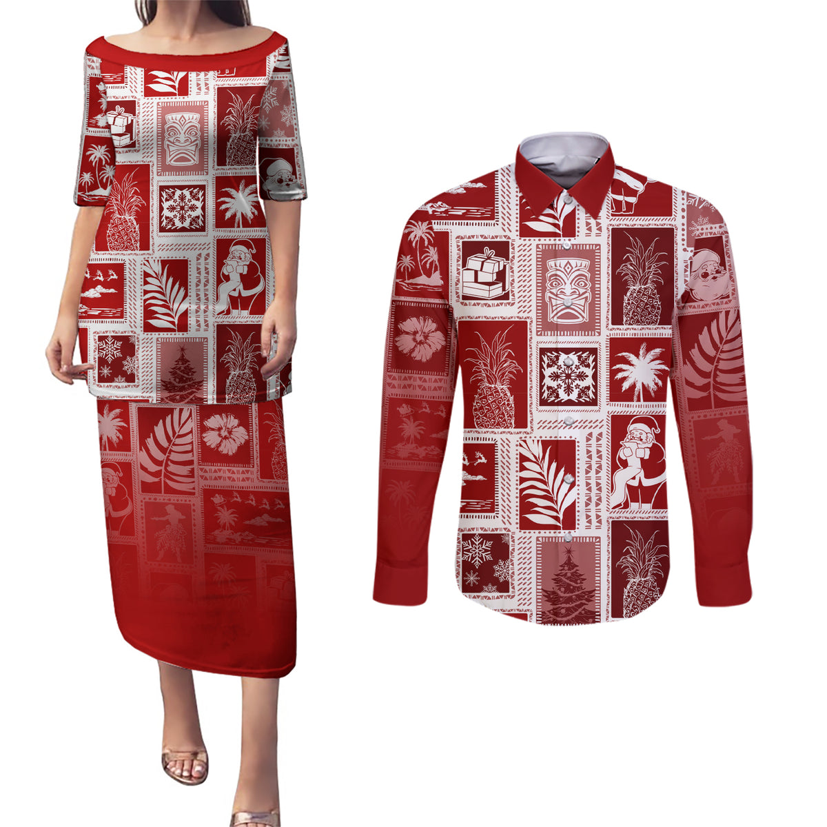 Hawaii Christmas Retro Patchwork Couples Matching Puletasi Dress and Long Sleeve Button Shirt Red LT7 - Wonder Print Shop
