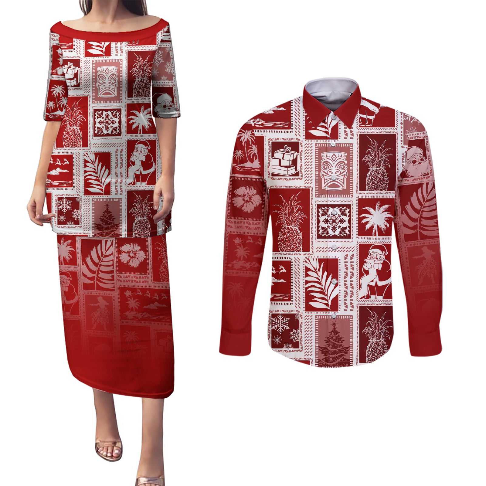 Hawaii Christmas Retro Patchwork Couples Matching Puletasi Dress and Long Sleeve Button Shirt Red LT7 - Wonder Print Shop