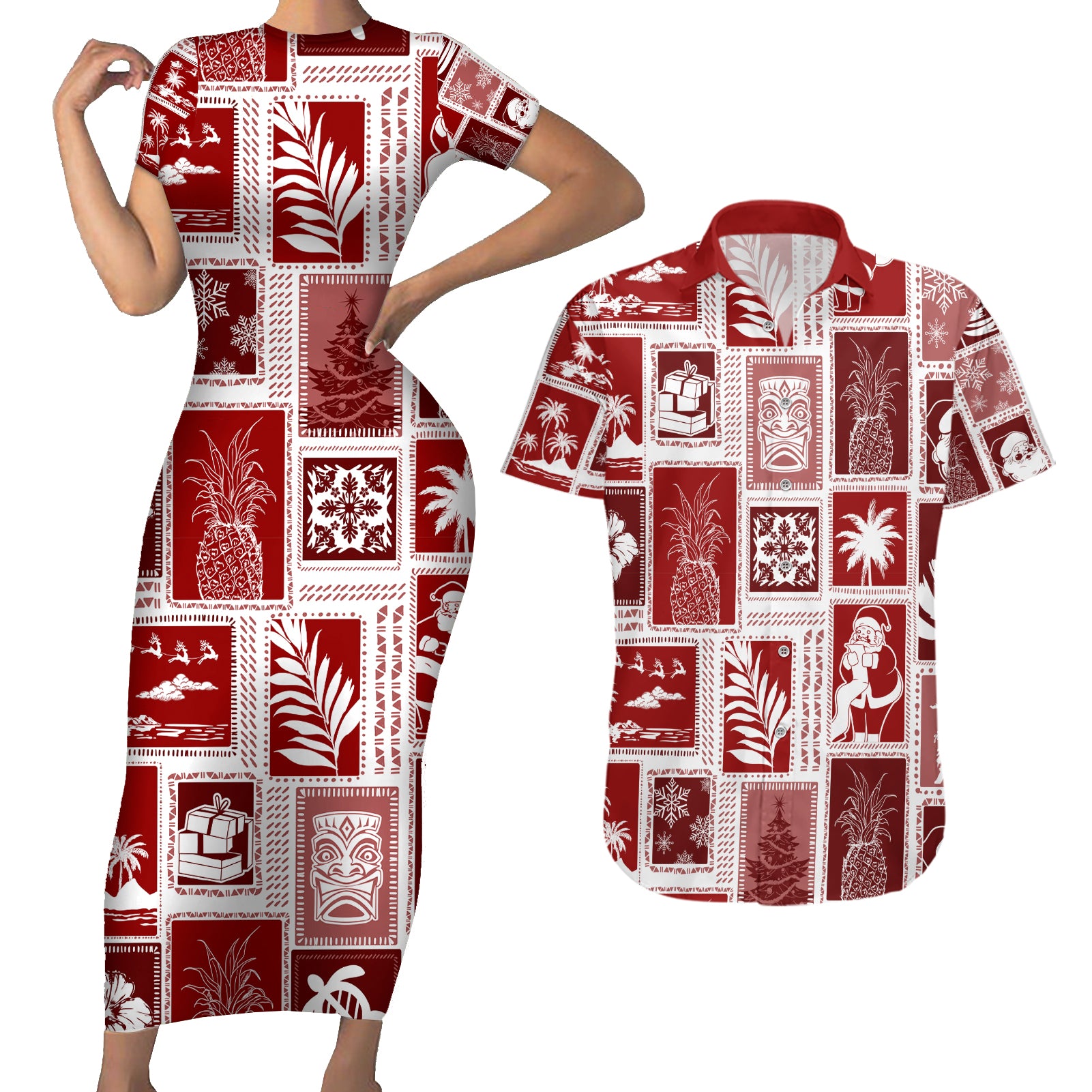 Hawaii Christmas Retro Patchwork Couples Matching Short Sleeve Bodycon Dress and Hawaiian Shirt Red LT7 - Wonder Print Shop