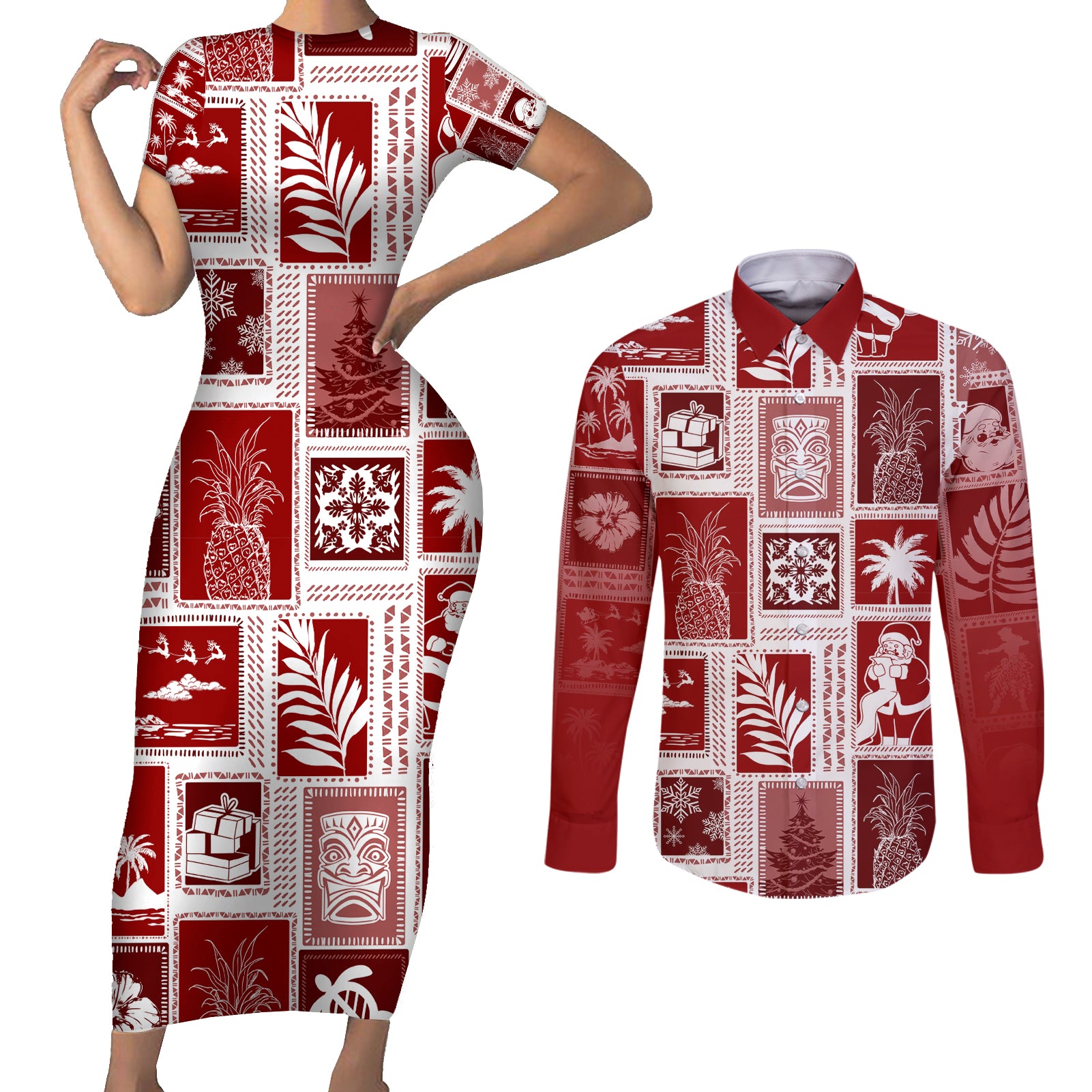 Hawaii Christmas Retro Patchwork Couples Matching Short Sleeve Bodycon Dress and Long Sleeve Button Shirt Red LT7 - Wonder Print Shop