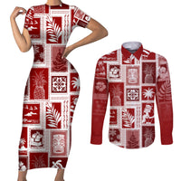 Hawaii Christmas Retro Patchwork Couples Matching Short Sleeve Bodycon Dress and Long Sleeve Button Shirt Red LT7 - Wonder Print Shop