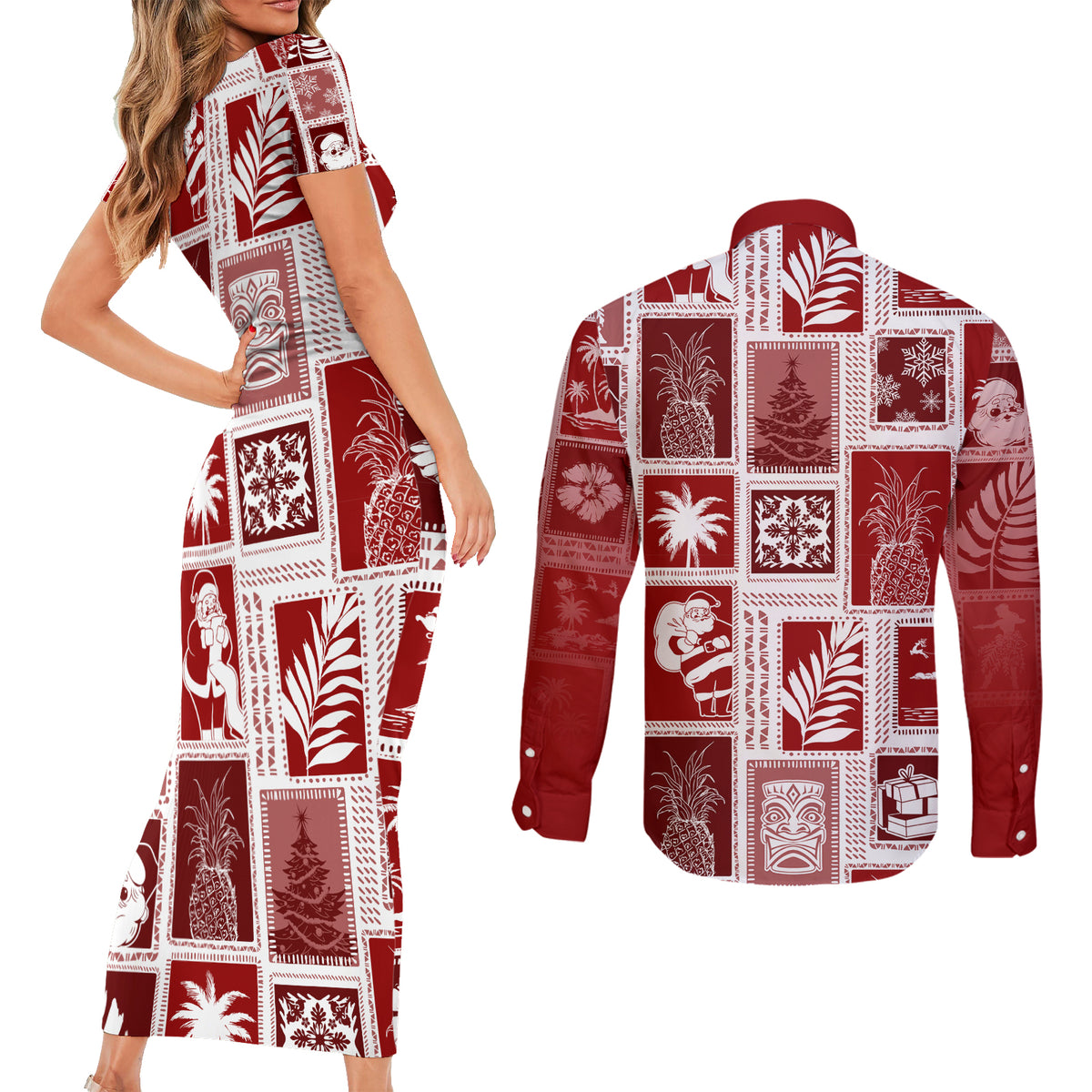 Hawaii Christmas Retro Patchwork Couples Matching Short Sleeve Bodycon Dress and Long Sleeve Button Shirt Red LT7 - Wonder Print Shop
