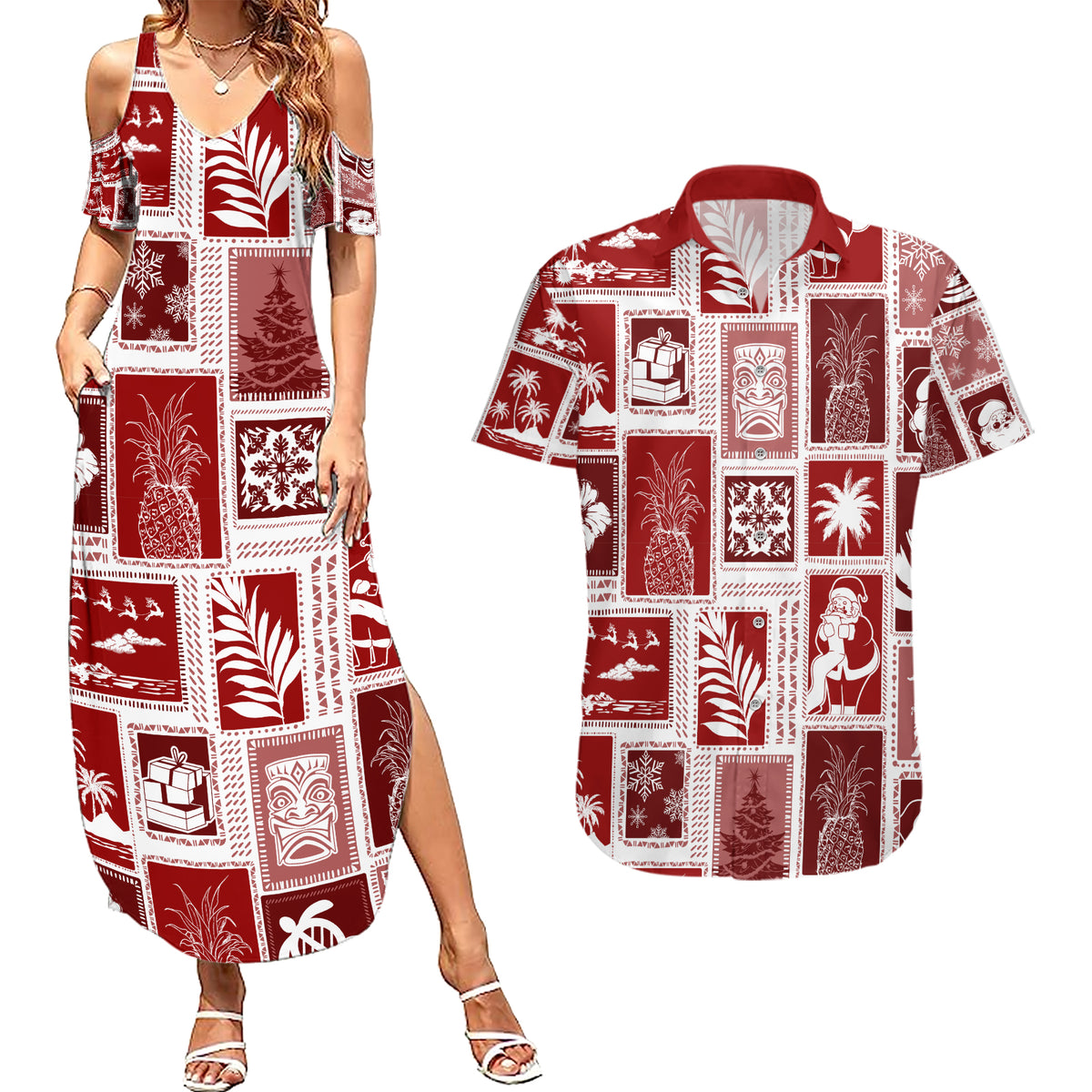 Hawaii Christmas Retro Patchwork Couples Matching Summer Maxi Dress and Hawaiian Shirt Red LT7 - Wonder Print Shop