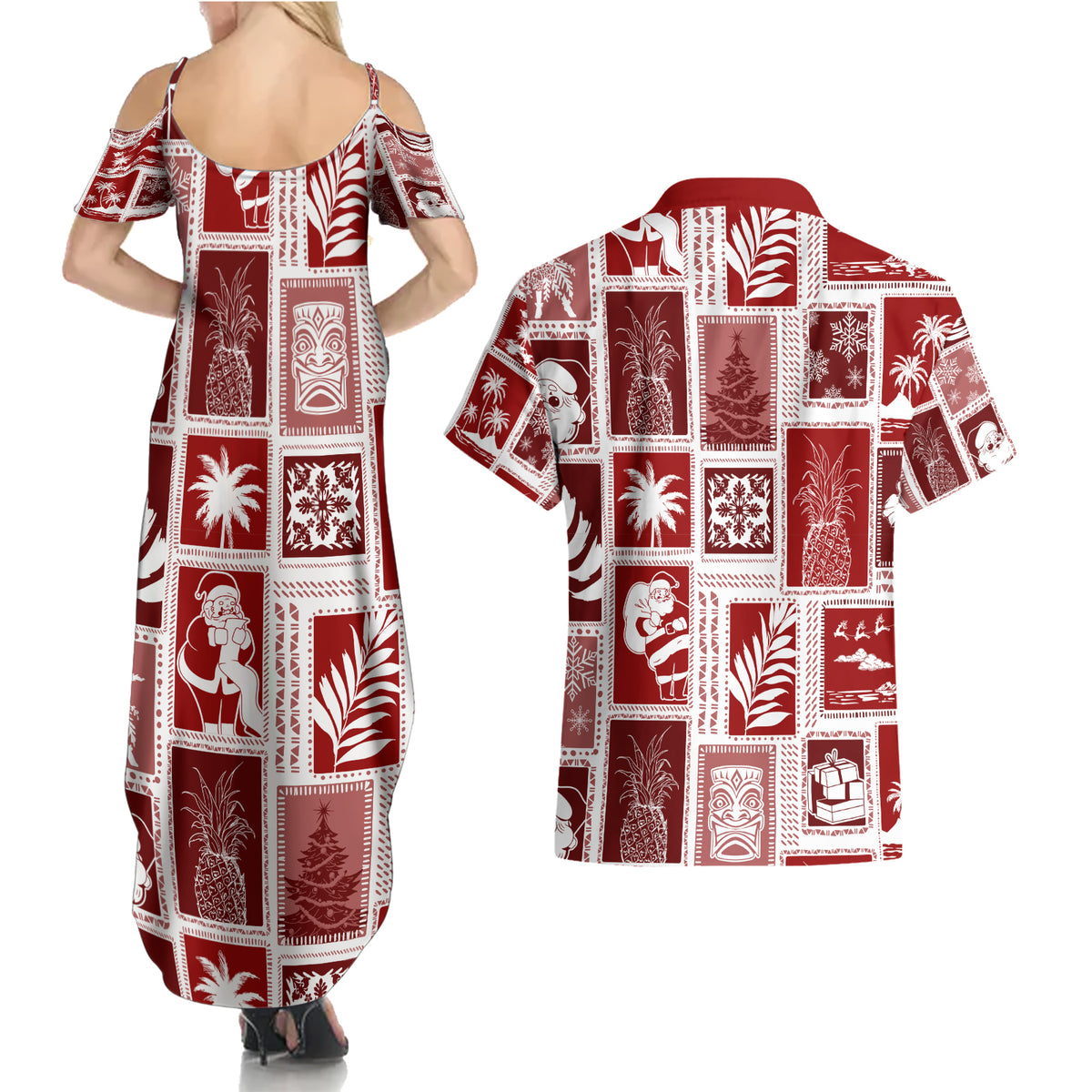 Hawaii Christmas Retro Patchwork Couples Matching Summer Maxi Dress and Hawaiian Shirt Red LT7 - Wonder Print Shop