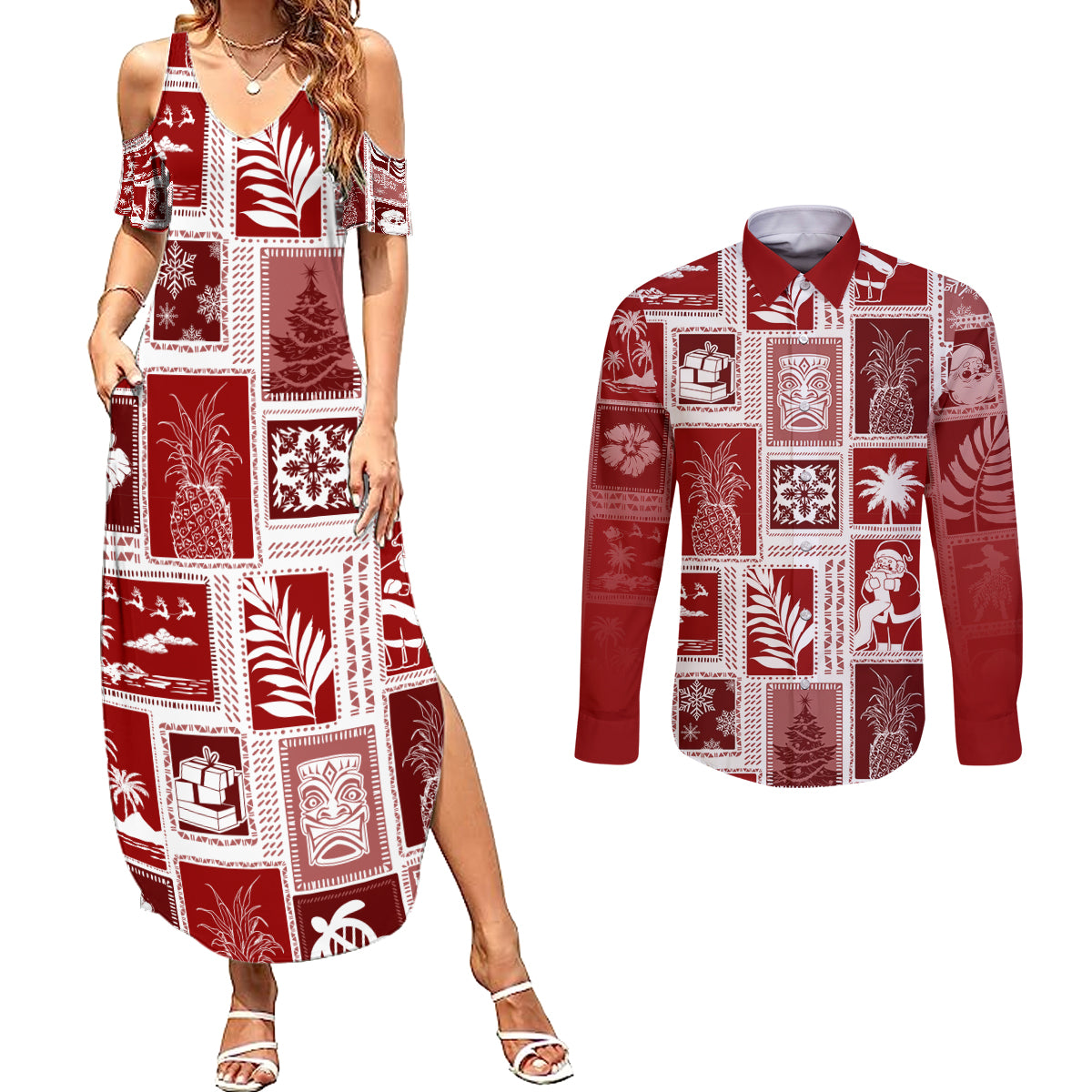 Hawaii Christmas Retro Patchwork Couples Matching Summer Maxi Dress and Long Sleeve Button Shirt Red LT7 - Wonder Print Shop