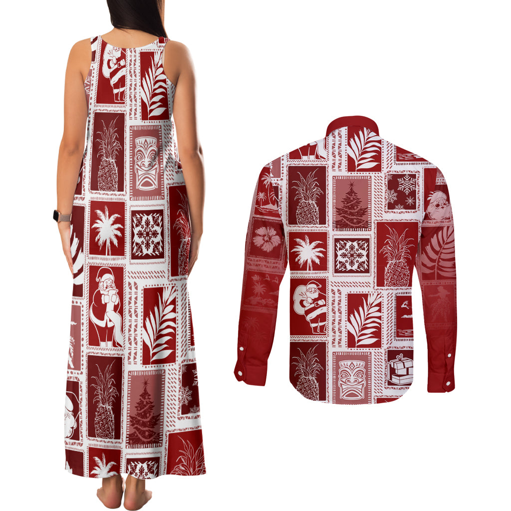 Hawaii Christmas Retro Patchwork Couples Matching Tank Maxi Dress and Long Sleeve Button Shirt Red LT7 - Wonder Print Shop