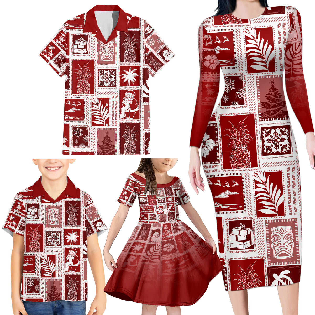 Hawaii Christmas Retro Patchwork Family Matching Long Sleeve Bodycon Dress and Hawaiian Shirt Red LT7 - Wonder Print Shop